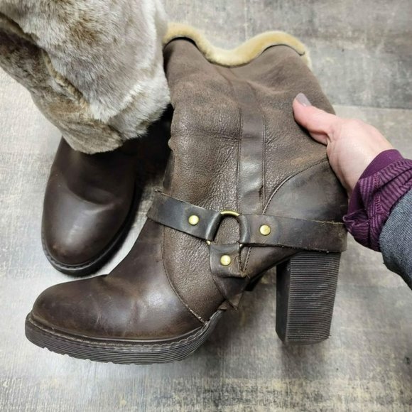 STETSON Fur Lined Leather Harness Tall Chunky High Heel Boots - Picture 9 of 10